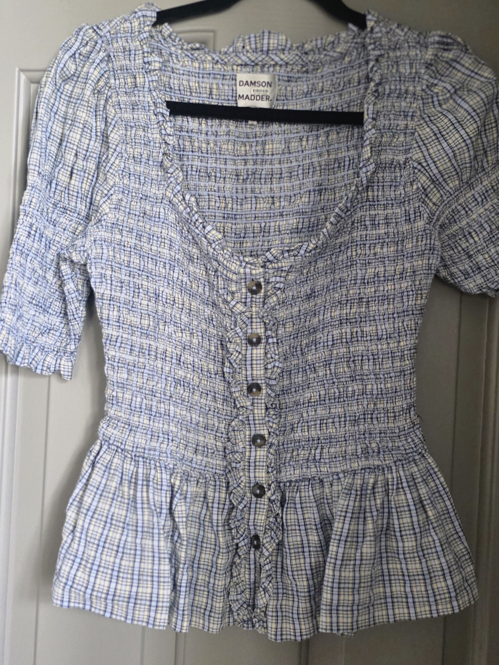 Damson Madder Blue Plaid Long-Sleeve Peplum Button-Front Blouse